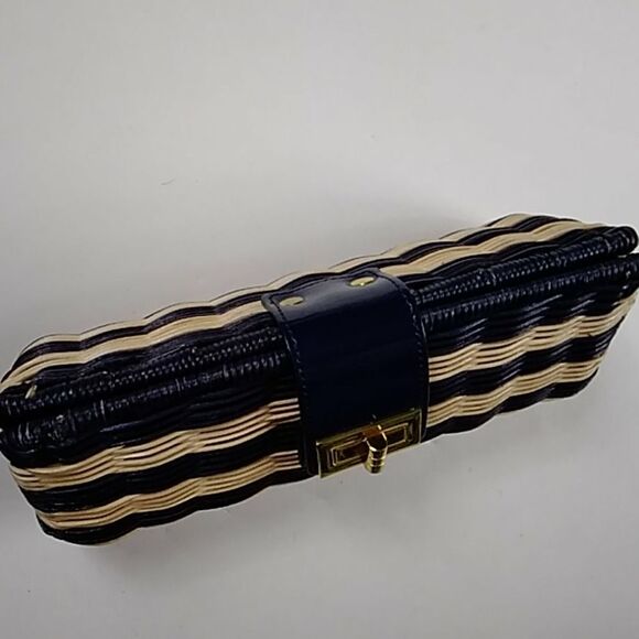 J CREW FACTORY HAVANA NAVY BLUE AND NATURAL WICKER STRAW CLUTCH EVENING BAG - Picture 5 of 16